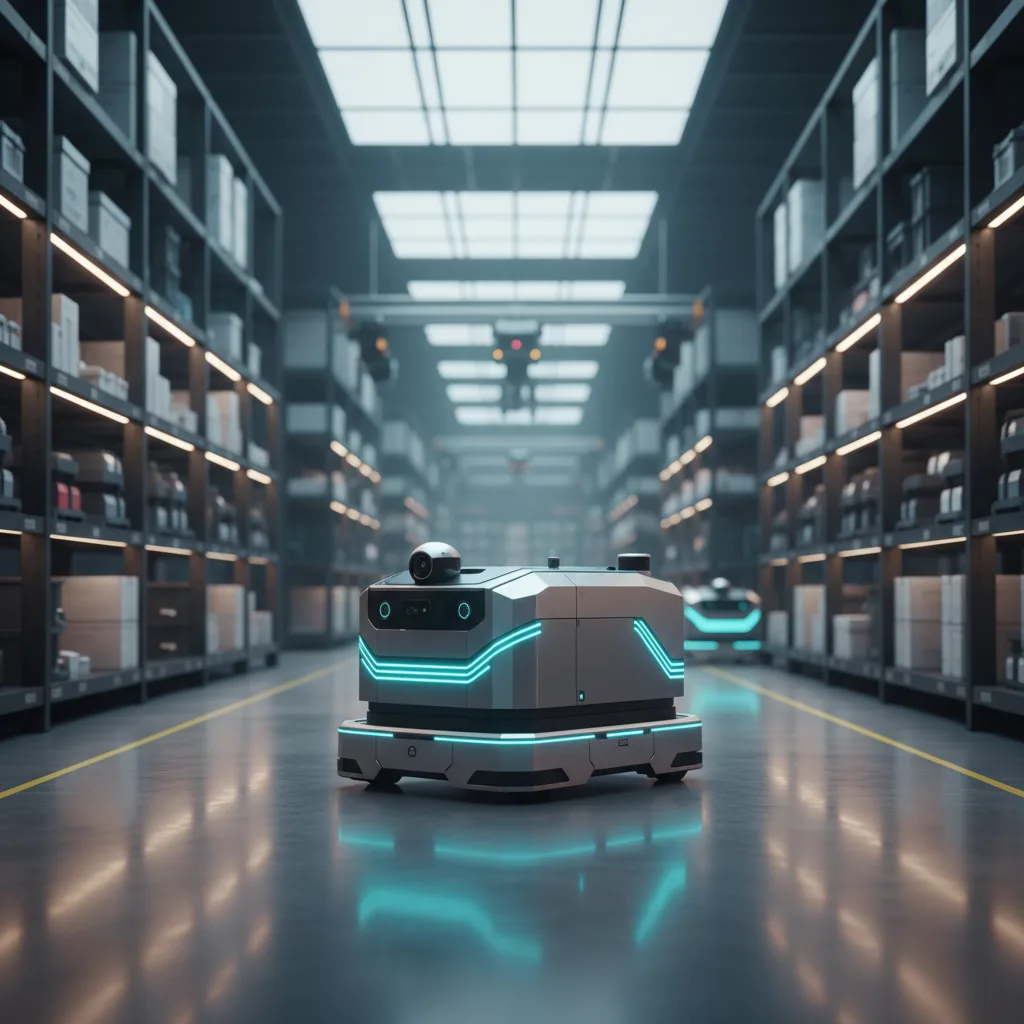 Autonomer Transportroboter im Lager zwischen Regalreihen